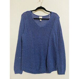 Chicos 2 Womens Large Pullover Sweater Sequin Accents Scoop Neck Blue Boho